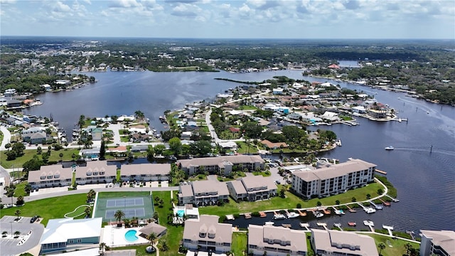 bird's eye view with a water view