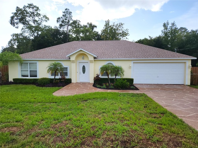 ranch-style house with a garage and a front yard