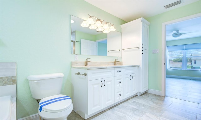 bathroom featuring tile patterned floors, toilet, vanity, and ceiling fan