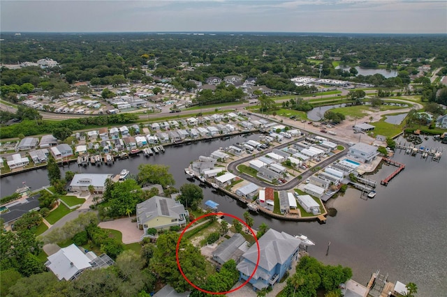 drone / aerial view featuring a water view