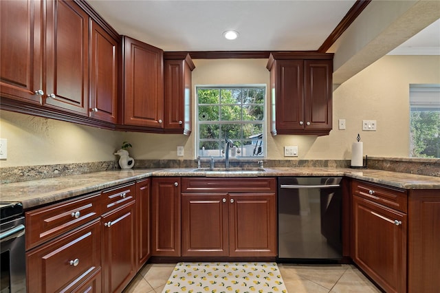 kitchen featuring electric range oven, sink, light tile patterned floors, stainless steel dishwasher, and ornamental molding