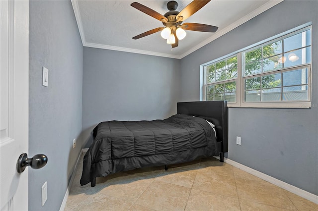 tiled bedroom with ceiling fan and crown molding