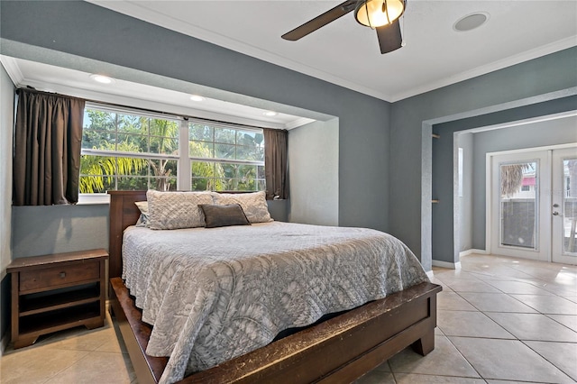 bedroom featuring french doors, light tile patterned floors, crown molding, access to outside, and ceiling fan