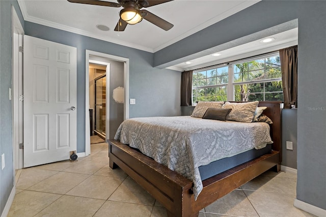 bedroom with ceiling fan, ornamental molding, and light tile patterned floors