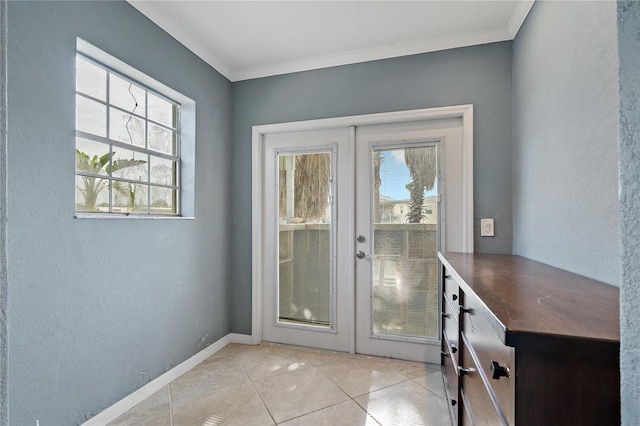 doorway with crown molding, french doors, a wealth of natural light, and light tile patterned floors