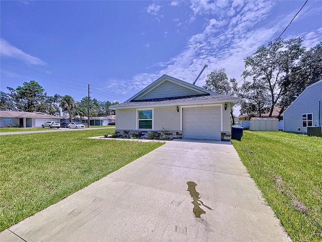 ranch-style house with a garage and a front lawn