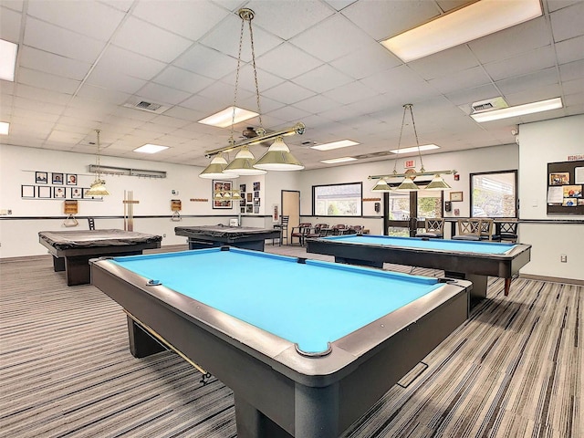 recreation room with a paneled ceiling and billiards