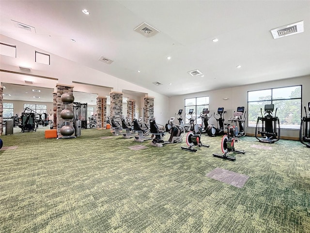 workout area with carpet and lofted ceiling