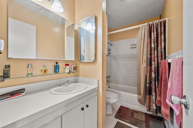 full bathroom with shower / tub combo, tile patterned flooring, vanity, a textured ceiling, and toilet