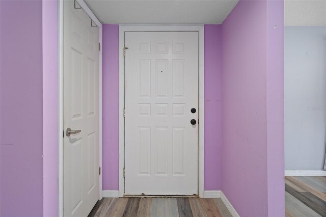 doorway with hardwood / wood-style flooring