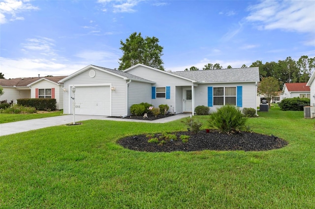 ranch-style home featuring a garage and a front lawn