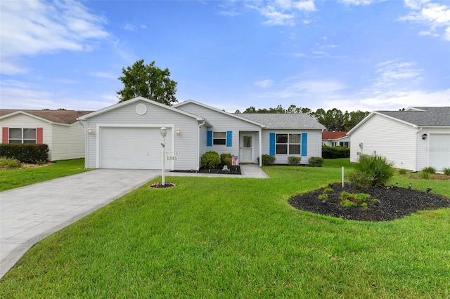 single story home featuring a garage and a front lawn