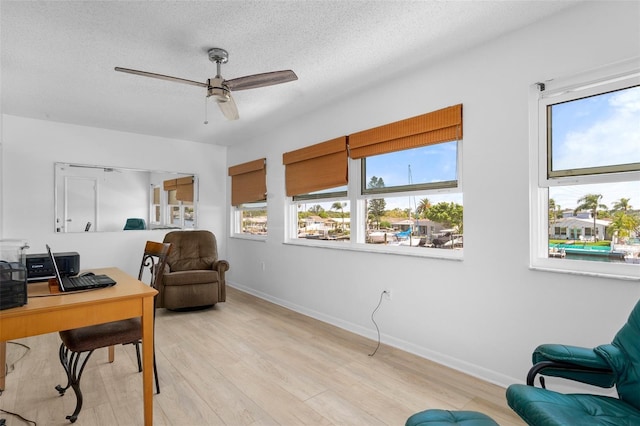 office with ceiling fan, a wealth of natural light, a textured ceiling, and light hardwood / wood-style flooring