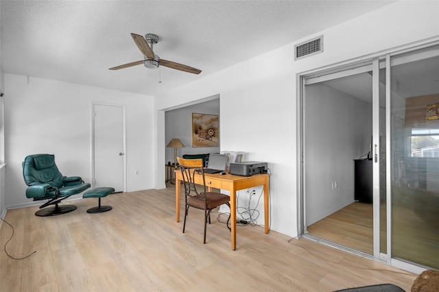 office space featuring ceiling fan, light hardwood / wood-style flooring, and a textured ceiling