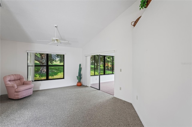 interior space featuring high vaulted ceiling, plenty of natural light, and ceiling fan