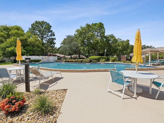 view of swimming pool featuring a patio area