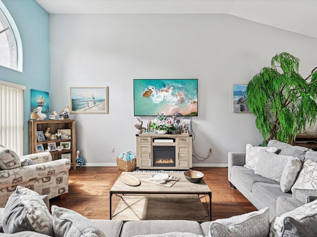 living room featuring wood-type flooring and high vaulted ceiling