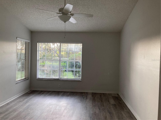 unfurnished room with a textured ceiling, ceiling fan, and hardwood / wood-style floors