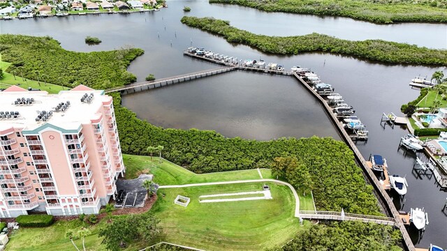 drone / aerial view featuring a water view