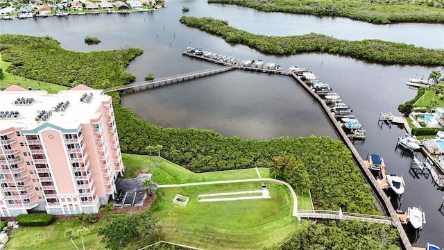 aerial view featuring a water view