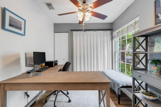 office space featuring hardwood / wood-style flooring and ceiling fan