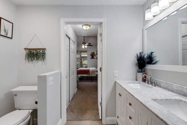 bathroom with tile patterned floors, ceiling fan, toilet, and vanity