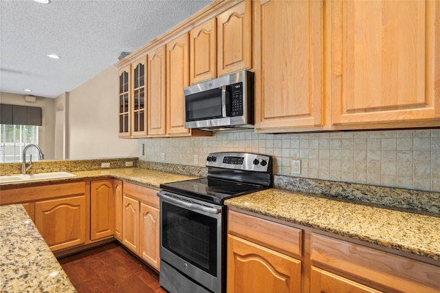 kitchen with dark hardwood / wood-style flooring, sink, light stone countertops, a textured ceiling, and stainless steel appliances