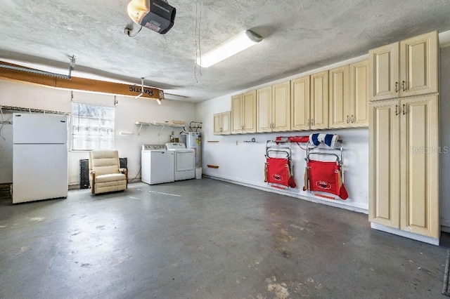 garage featuring water heater, a garage door opener, independent washer and dryer, and white refrigerator