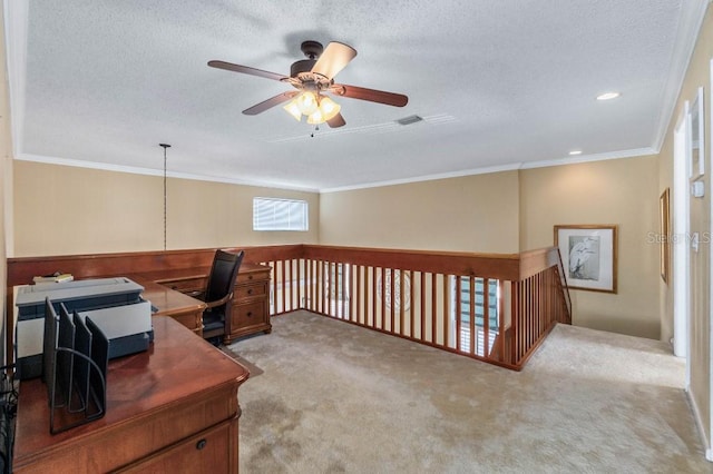 office space with crown molding, light carpet, ceiling fan, and a textured ceiling