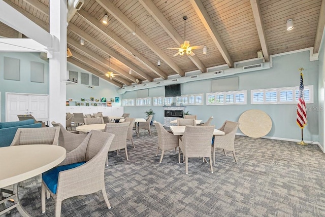 carpeted dining room featuring ceiling fan, high vaulted ceiling, wooden ceiling, and beamed ceiling