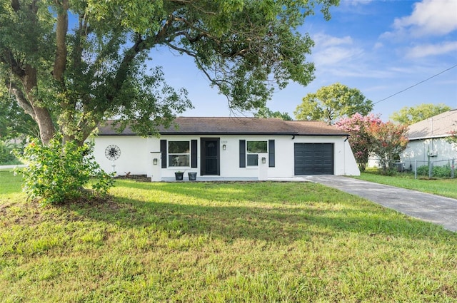 single story home featuring a front yard and a garage