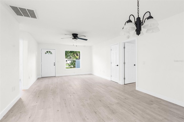 unfurnished living room with ceiling fan and light hardwood / wood-style flooring