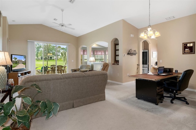 living room featuring light carpet, ceiling fan with notable chandelier, and vaulted ceiling