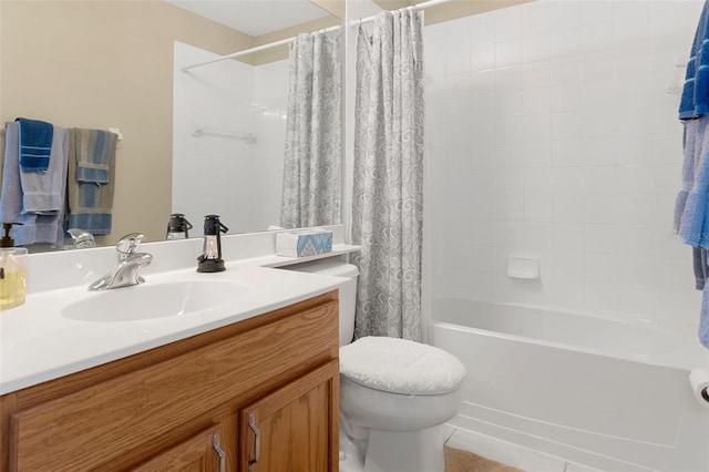 full bathroom with vanity, shower / bathtub combination with curtain, and toilet