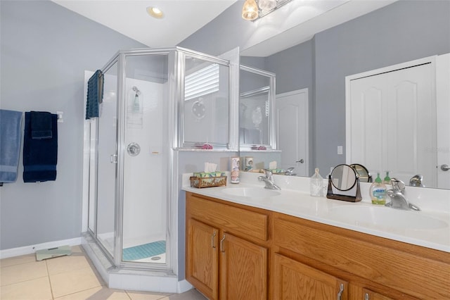 bathroom with tile patterned flooring, vanity, and walk in shower