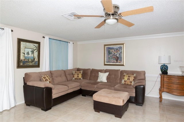 living room with ceiling fan, crown molding, a textured ceiling, and light tile patterned floors