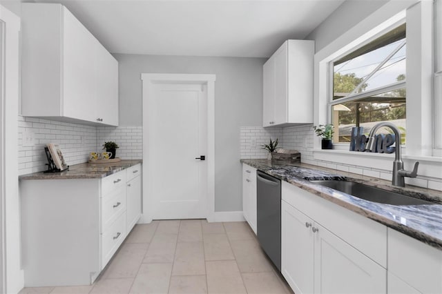 kitchen with sink, stainless steel dishwasher, dark stone counters, and white cabinets