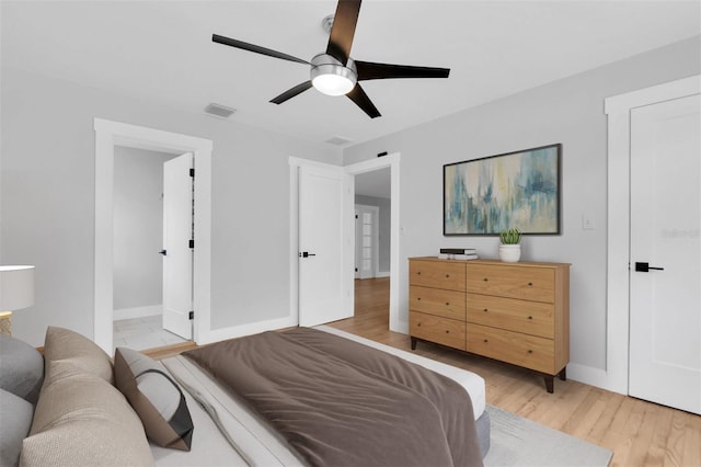 bedroom with ceiling fan and light hardwood / wood-style flooring