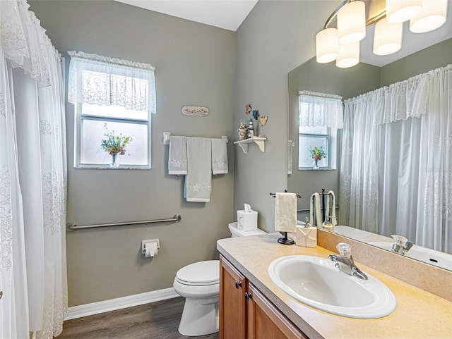 bathroom with hardwood / wood-style floors, vanity, and toilet