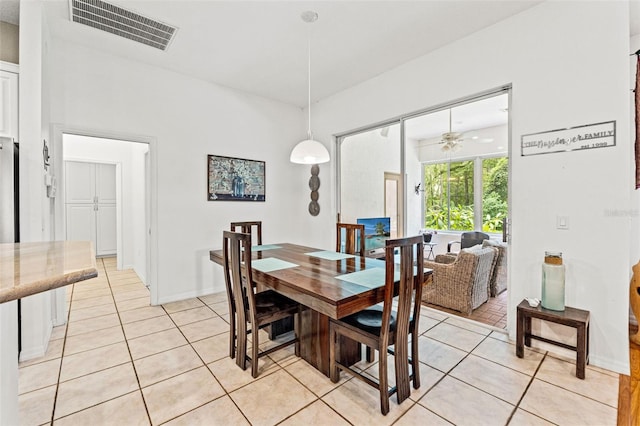 dining room with a ceiling fan, visible vents, baseboards, and light tile patterned flooring