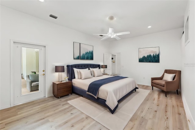 bedroom with light wood-style floors, recessed lighting, and a ceiling fan