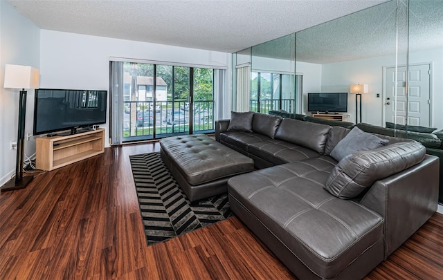 living room featuring dark hardwood / wood-style flooring and a textured ceiling