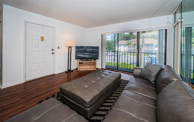 living room with dark hardwood / wood-style floors and a textured ceiling