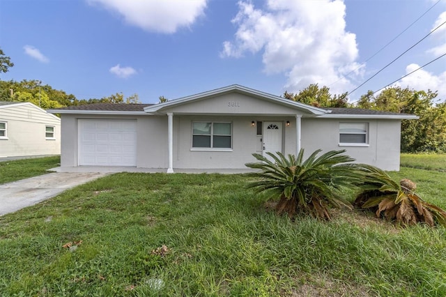 view of front of property with a garage, a front yard, concrete driveway, and stucco siding