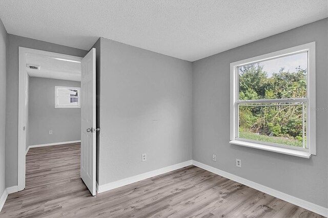 empty room featuring a textured ceiling, light wood-type flooring, and a healthy amount of sunlight