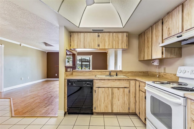 kitchen with light brown cabinets, black dishwasher, ornamental molding, electric range, and light tile patterned floors