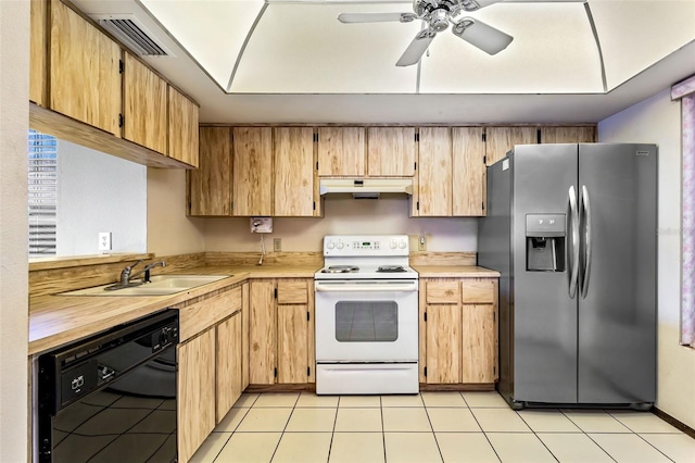 6316 Spoonbill Dr, New Port Richey, FL 34652 - kitchen with visible vents, stainless steel refrigerator with ice dispenser, dishwasher, under cabinet range hood, and white range with electric stovetop
