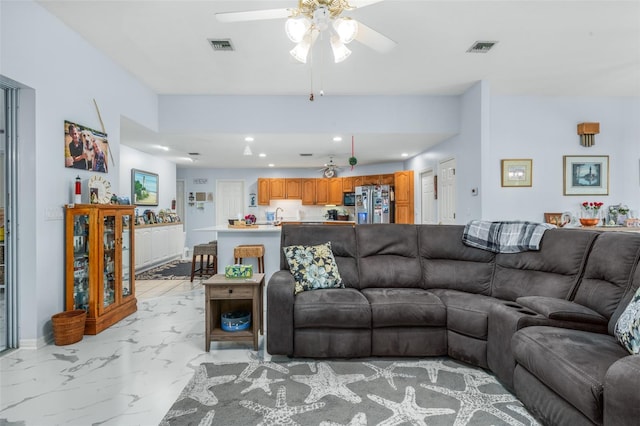 living room with ceiling fan