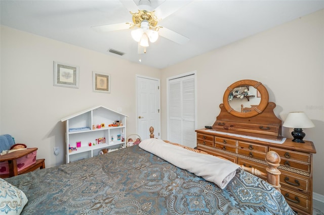 bedroom with ceiling fan and a closet