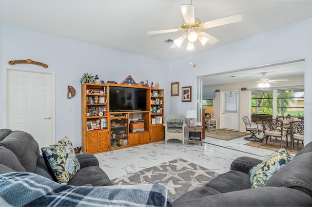 living room with ceiling fan